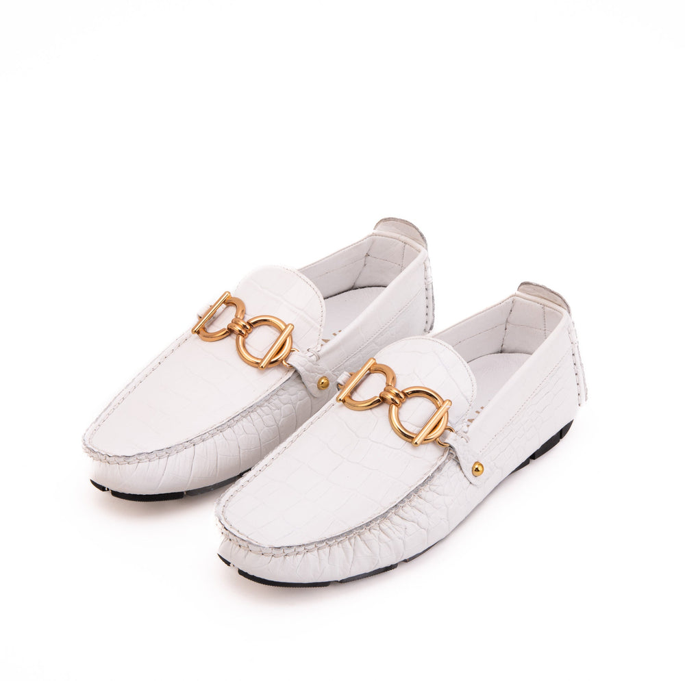 The Pisa White Leather Bit Drive Loafer Shoe For Sale