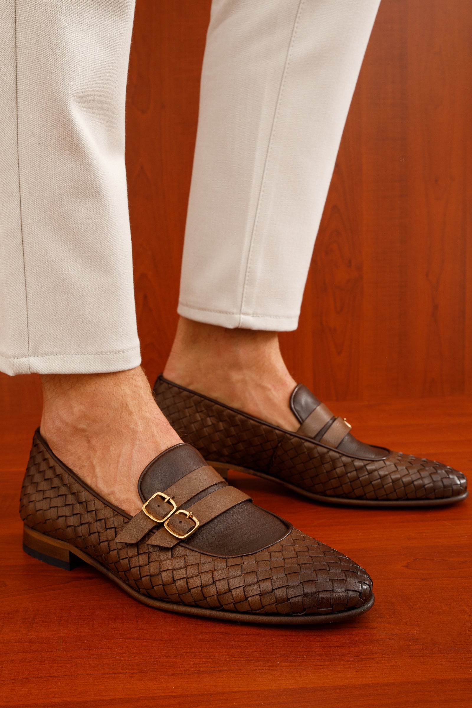 The Vatra Tan Woven Double Monk Strap Shoe Fine Craftsmanship