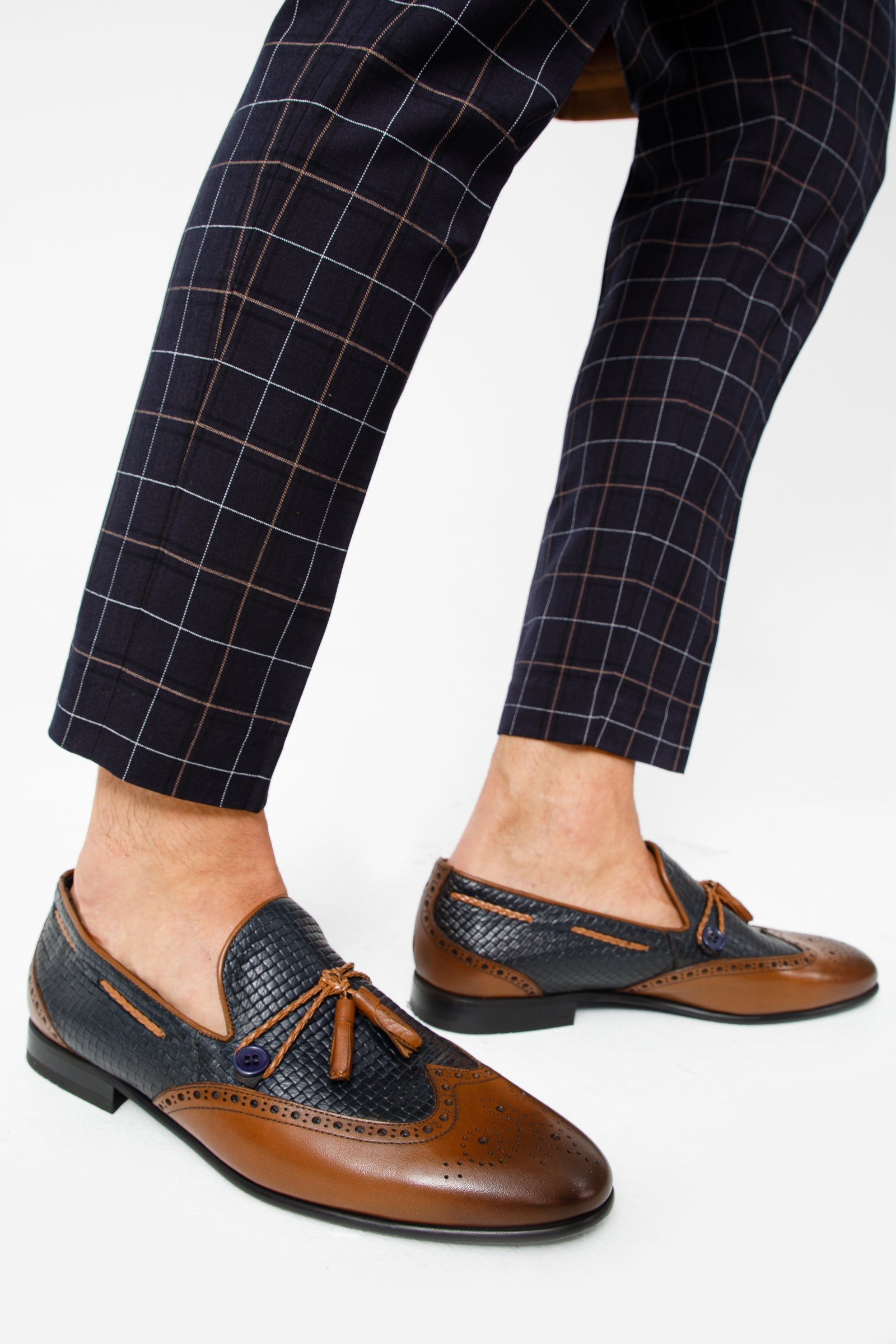 The Istanbul Tan Navy Blue Leather Tassel Loafer Shoe On Sale