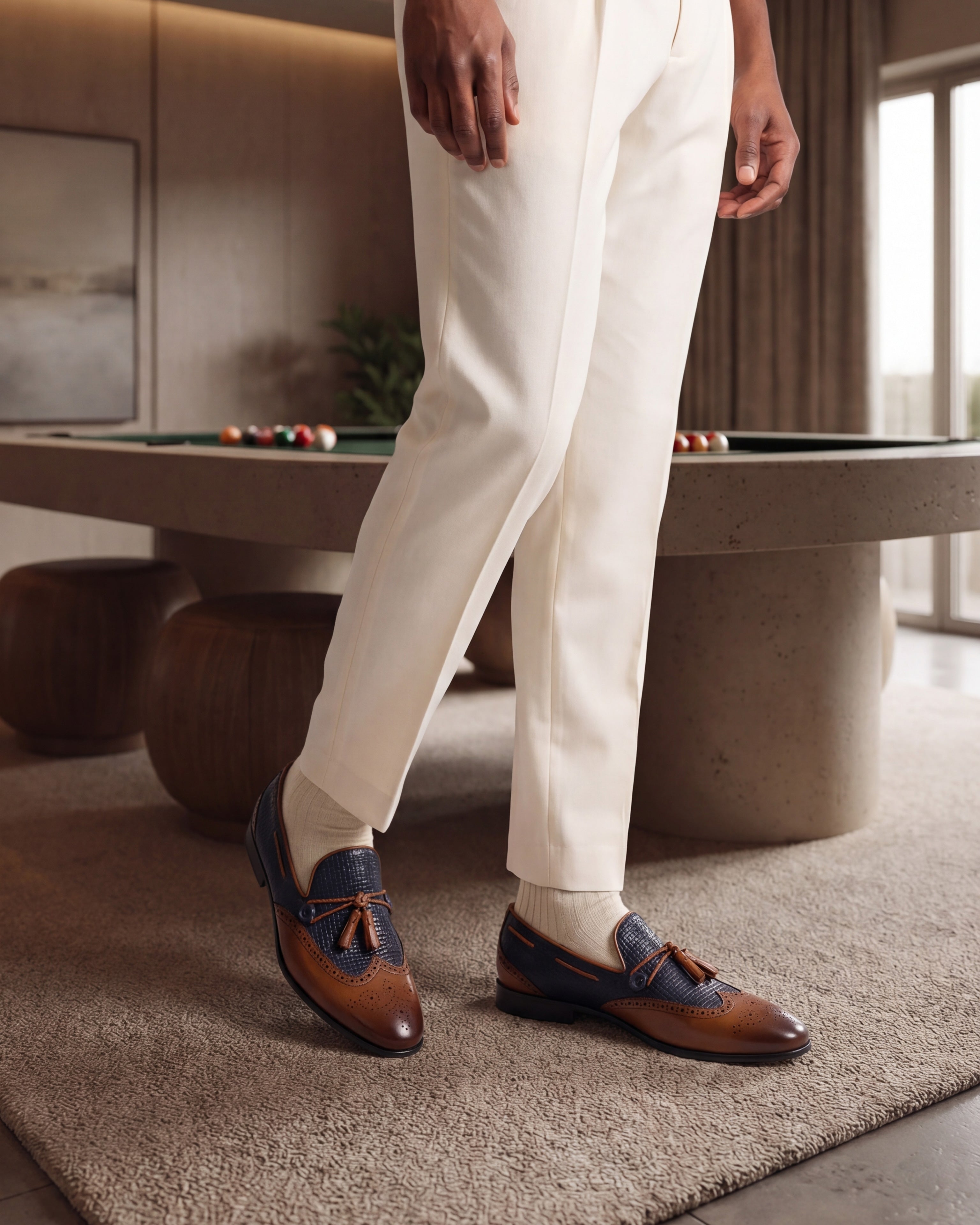 The Istanbul Tan Navy Blue Leather Tassel Loafer Shoe On Sale