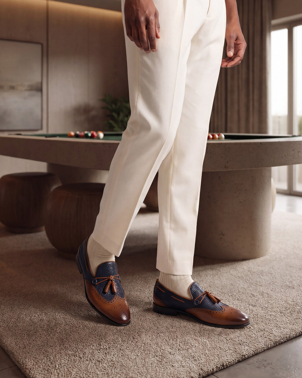 The Istanbul Tan Navy Blue Leather Tassel Loafer Shoe On Sale