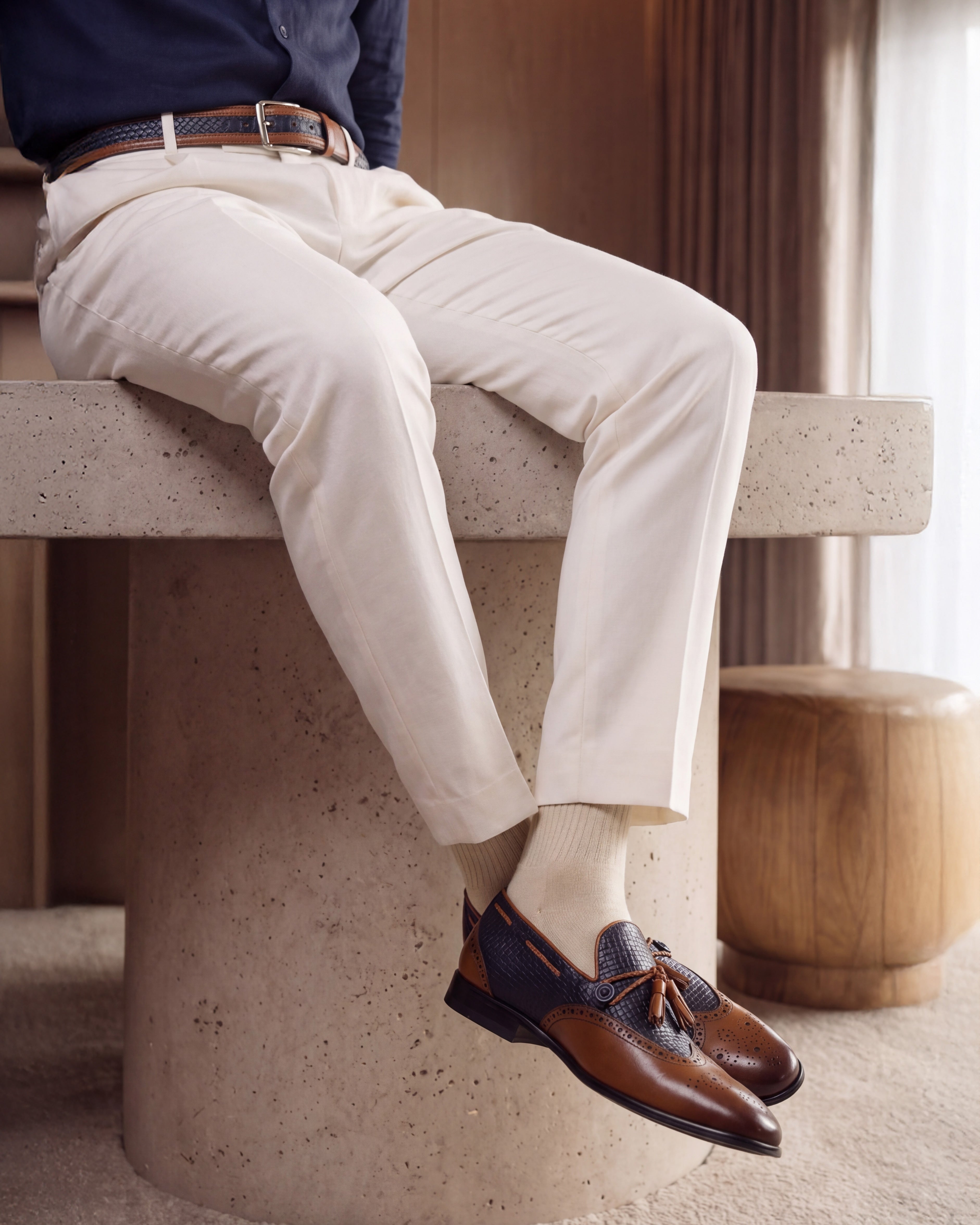 The Istanbul Tan Navy Blue Leather Tassel Loafer Shoe On Sale