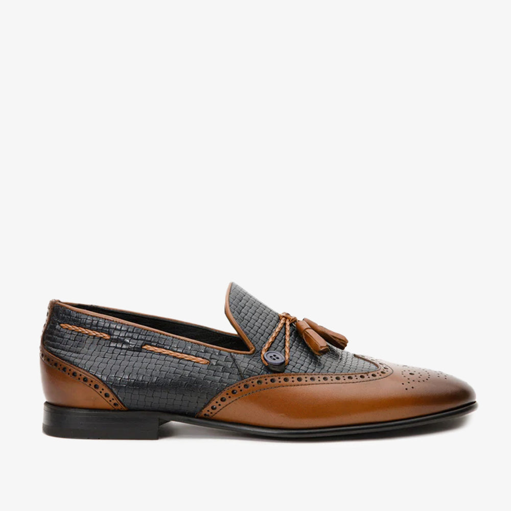 The Istanbul Tan Navy Blue Leather Tassel Loafer Shoe On Sale