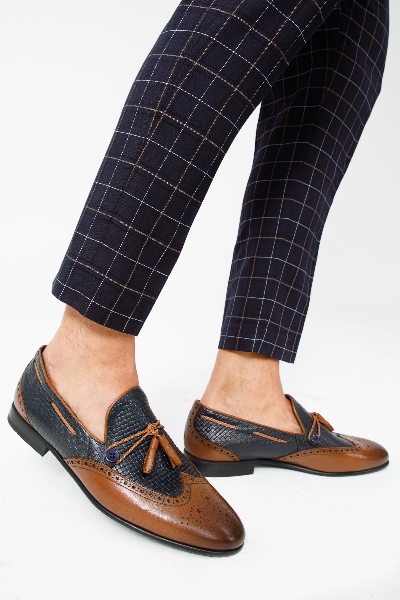 The Istanbul Tan Navy Blue Leather Tassel Loafer Shoe On Sale
