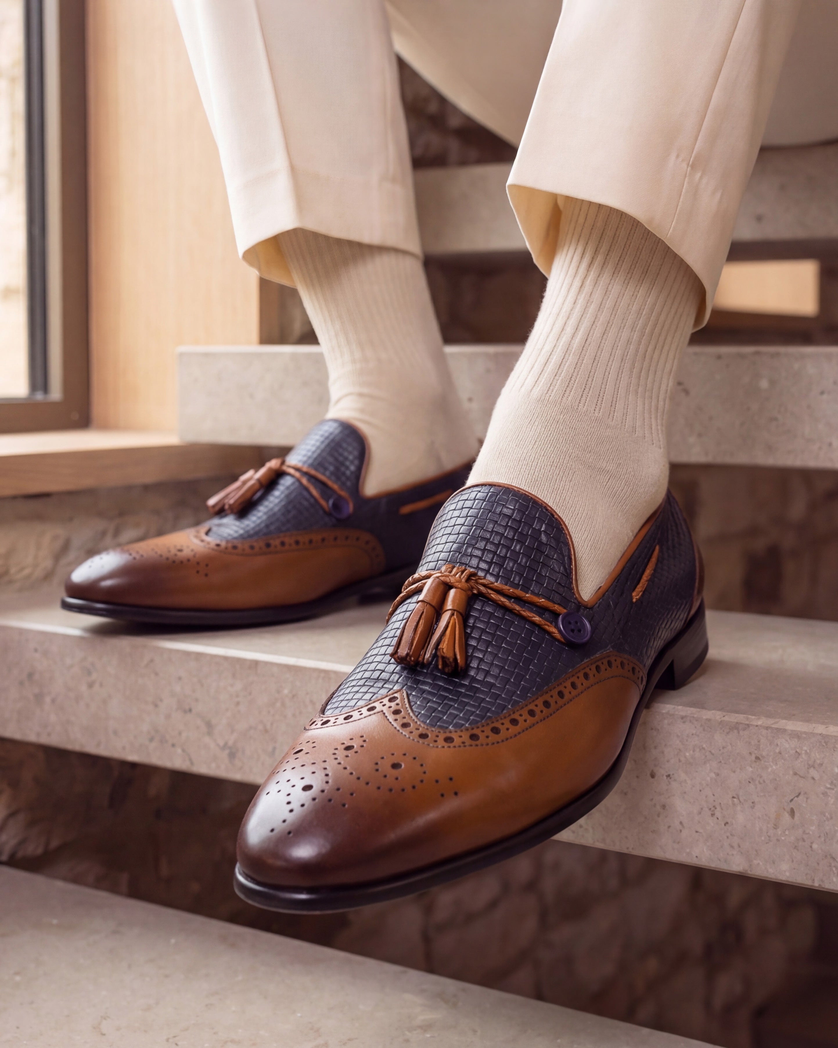 The Istanbul Tan Navy Blue Leather Tassel Loafer Shoe On Sale