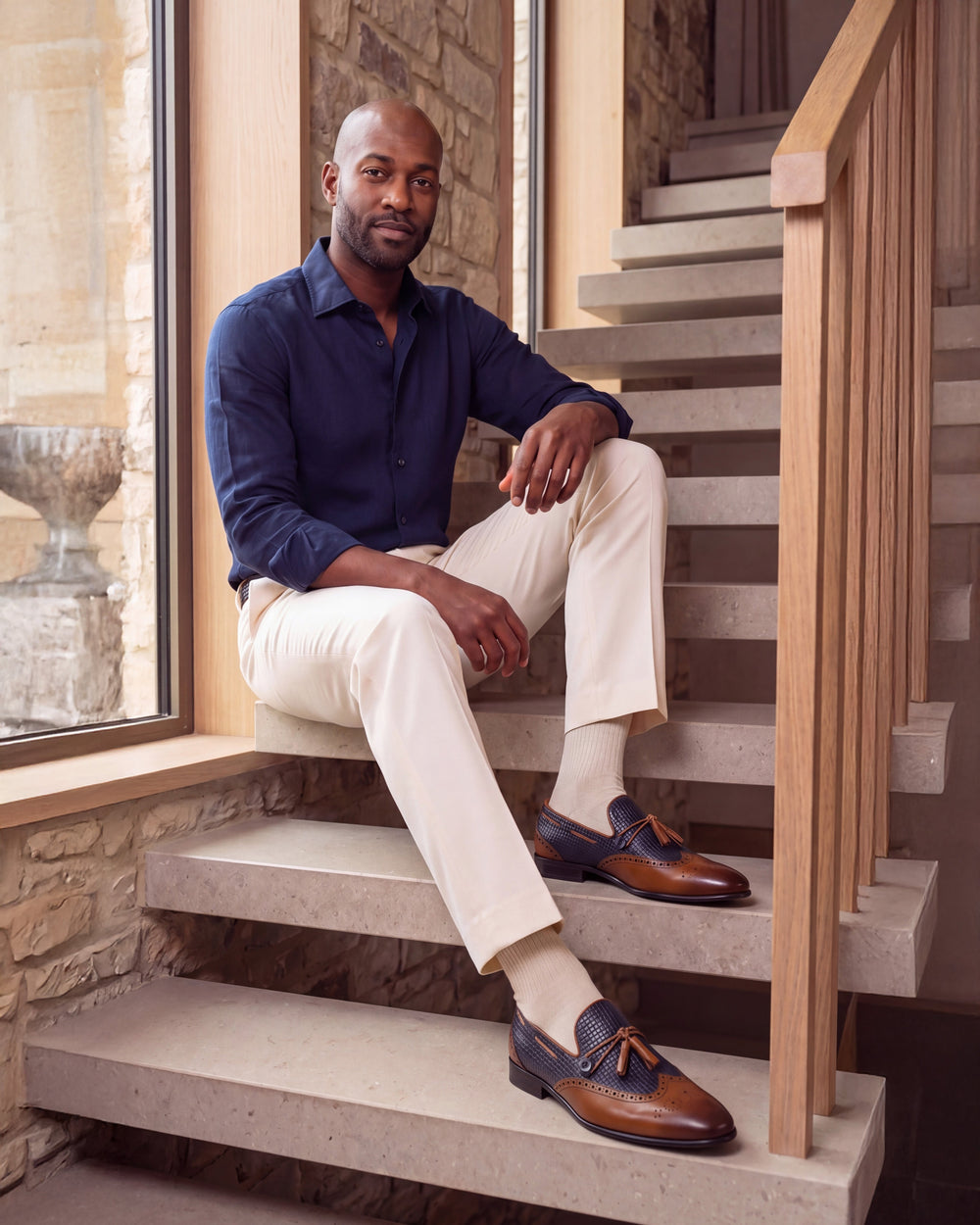 The Istanbul Tan Navy Blue Leather Tassel Loafer Shoe On Sale