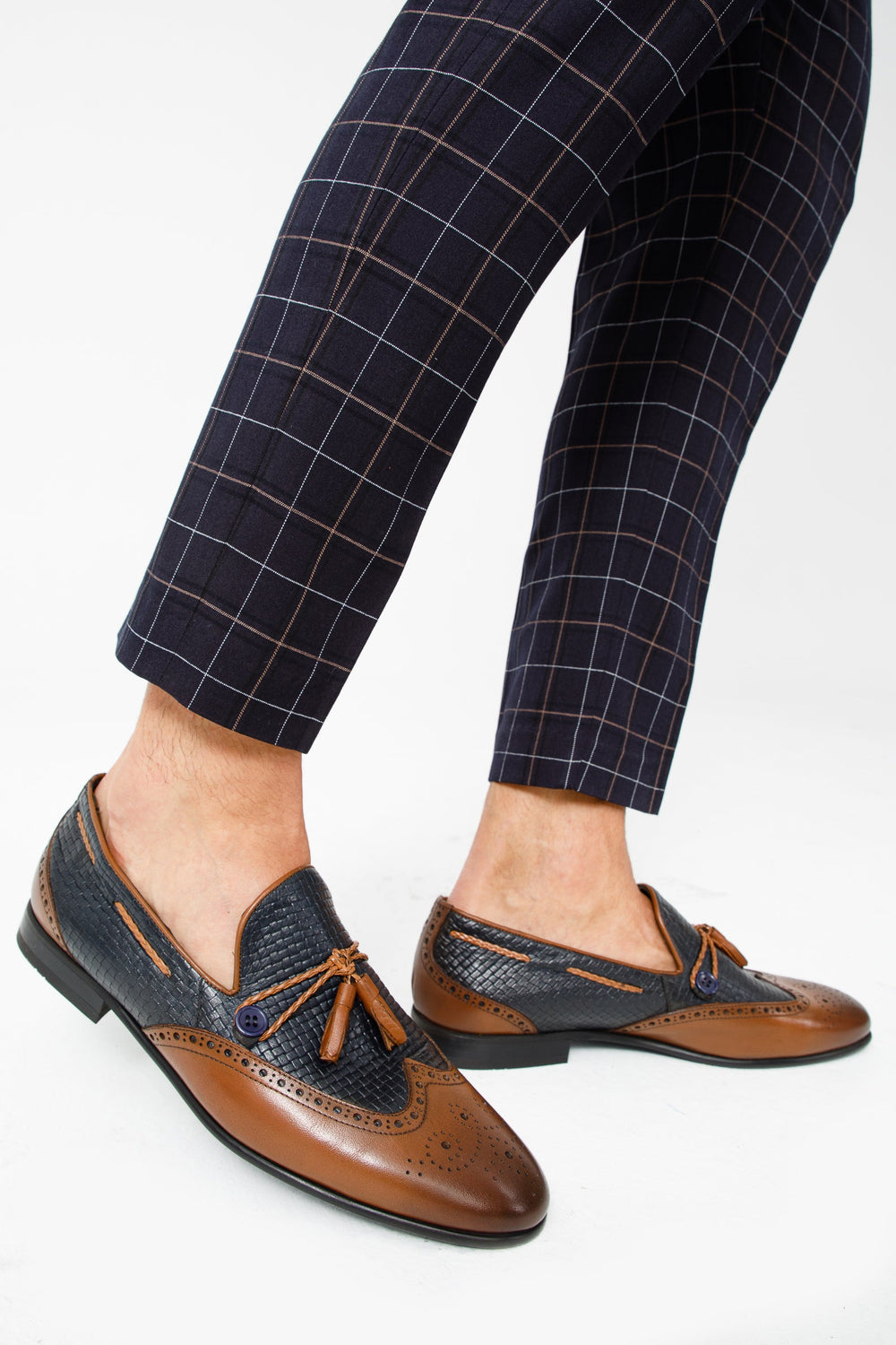 The Istanbul Tan Navy Blue Leather Tassel Loafer Shoe On Sale