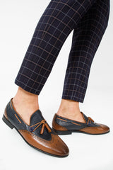 The Istanbul Tan Navy Blue Leather Tassel Loafer Shoe On Sale