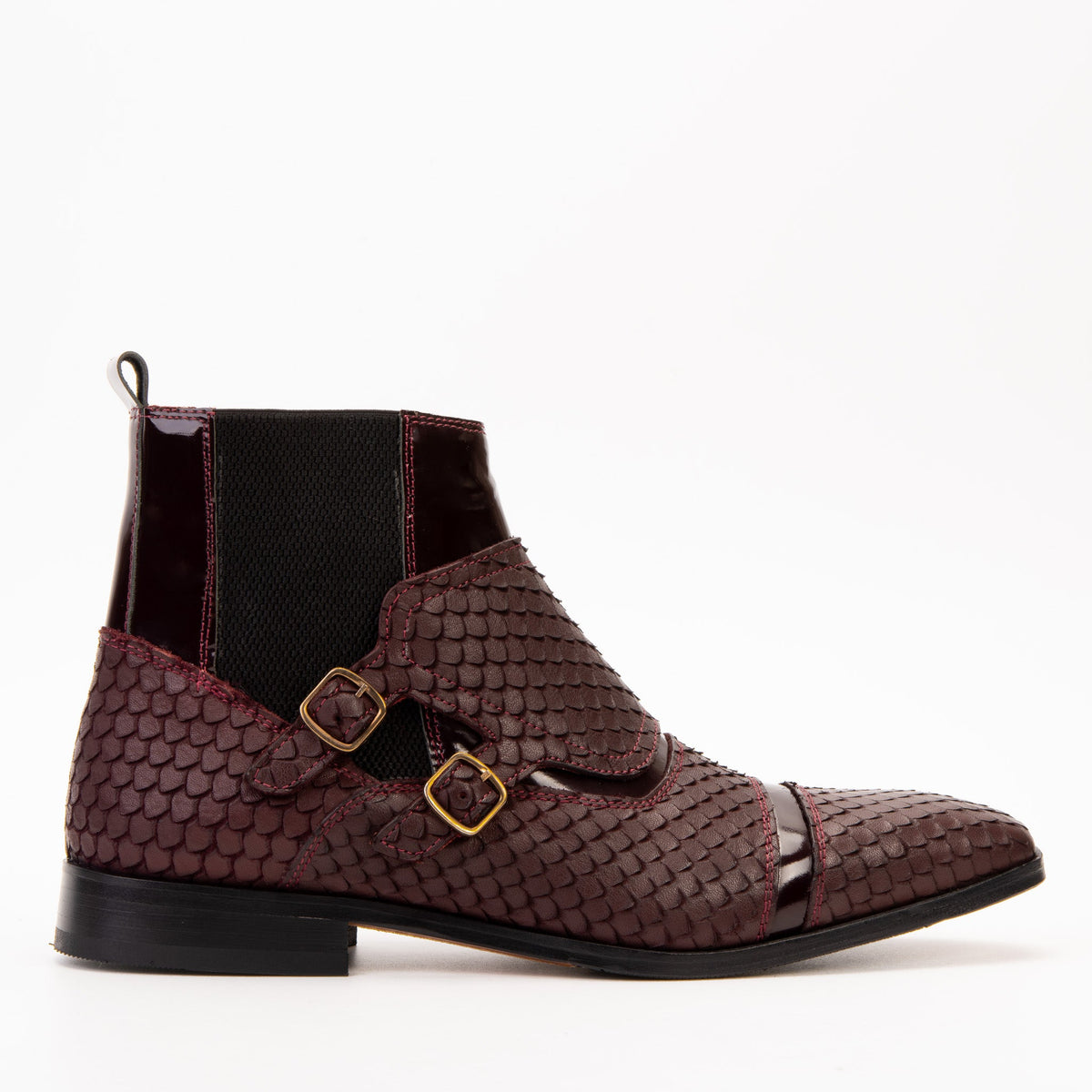 The Orion Burgundy Snakeskin Pattern Leather Double Monk Strap Boot Exclusive Style