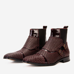 The Orion Burgundy Snakeskin Pattern Leather Double Monk Strap Boot Exclusive Style