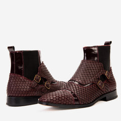 The Orion Burgundy Snakeskin Pattern Leather Double Monk Strap Boot Exclusive Style