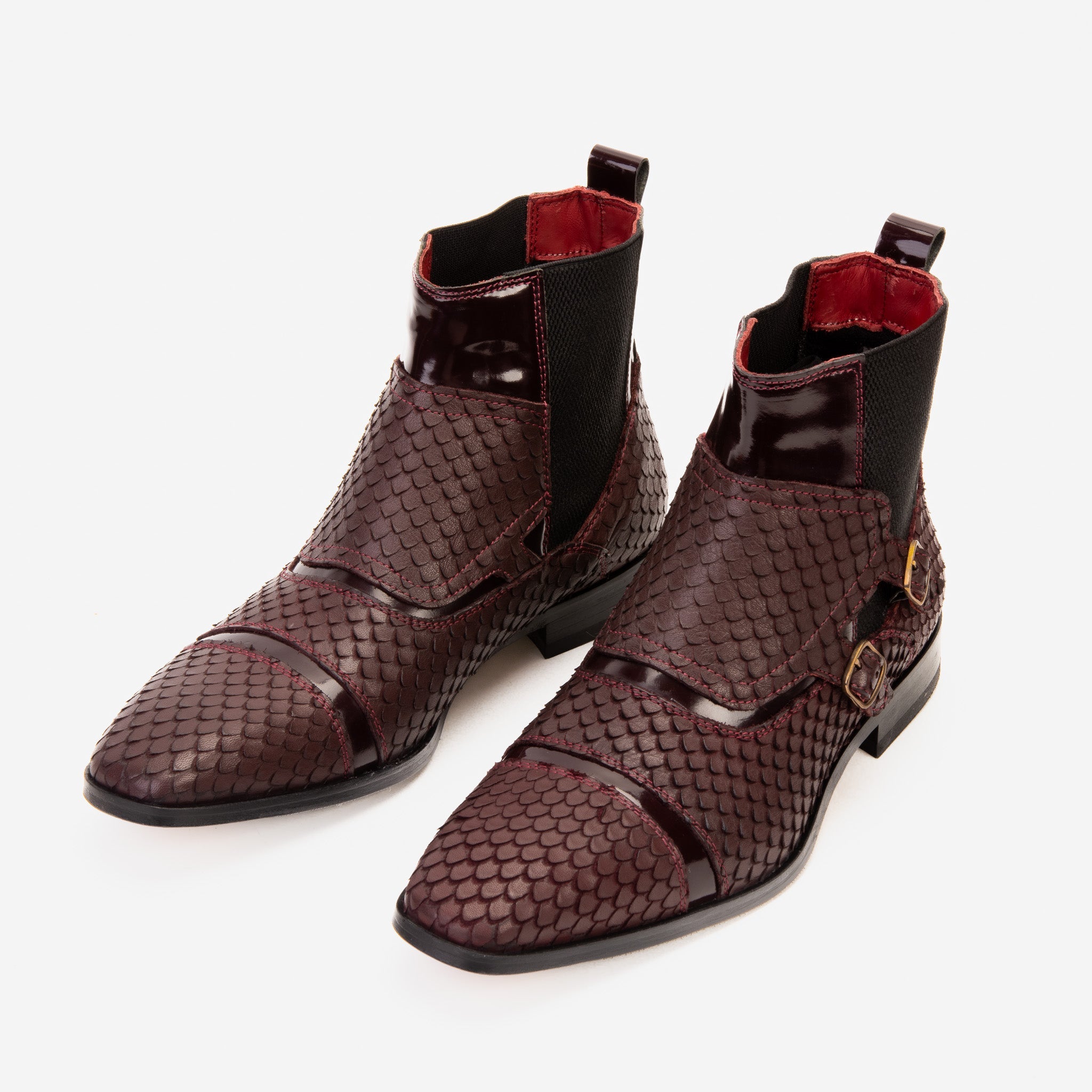 The Orion Burgundy Snakeskin Pattern Leather Double Monk Strap Boot Exclusive Style