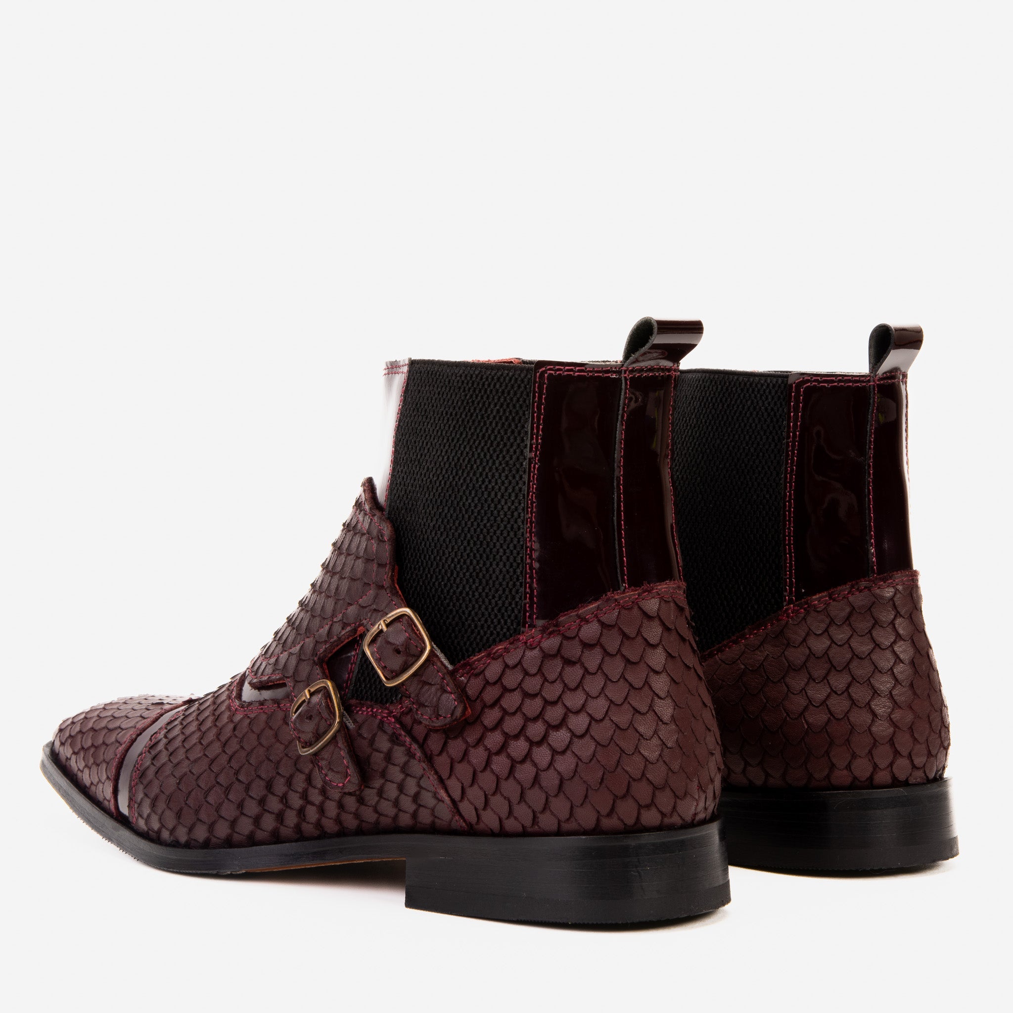 The Orion Burgundy Snakeskin Pattern Leather Double Monk Strap Boot Exclusive Style