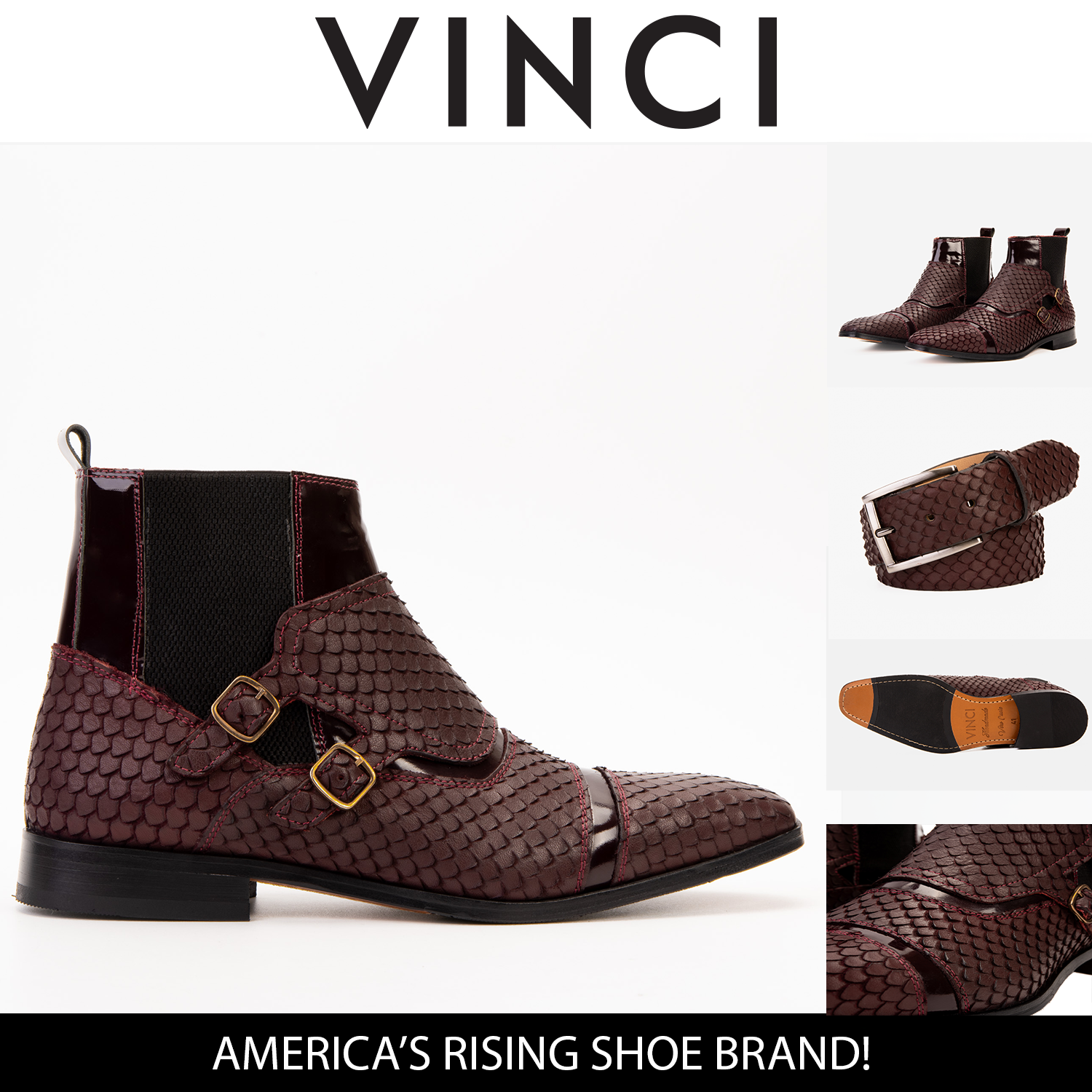 The Orion Burgundy Snakeskin Pattern Leather Double Monk Strap Boot Exclusive Style