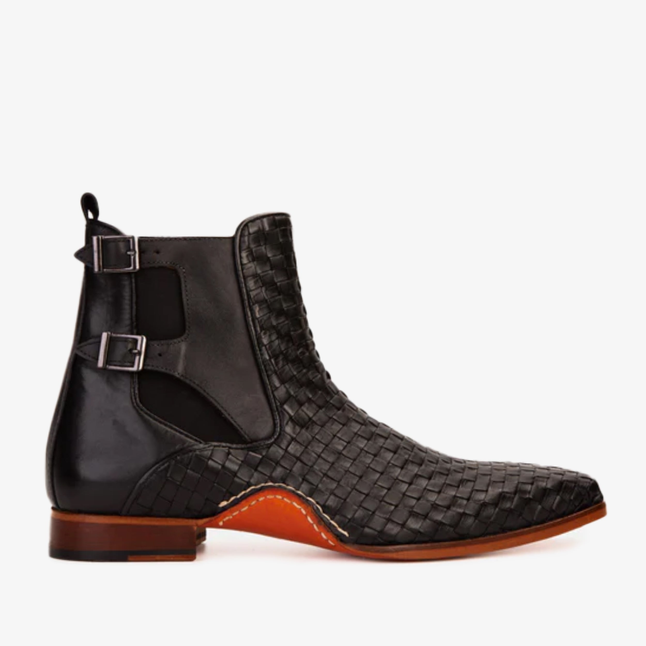 The Rolls Boot Woven Black Leather Double Monk Strap Handmade Shoe Universal Fit