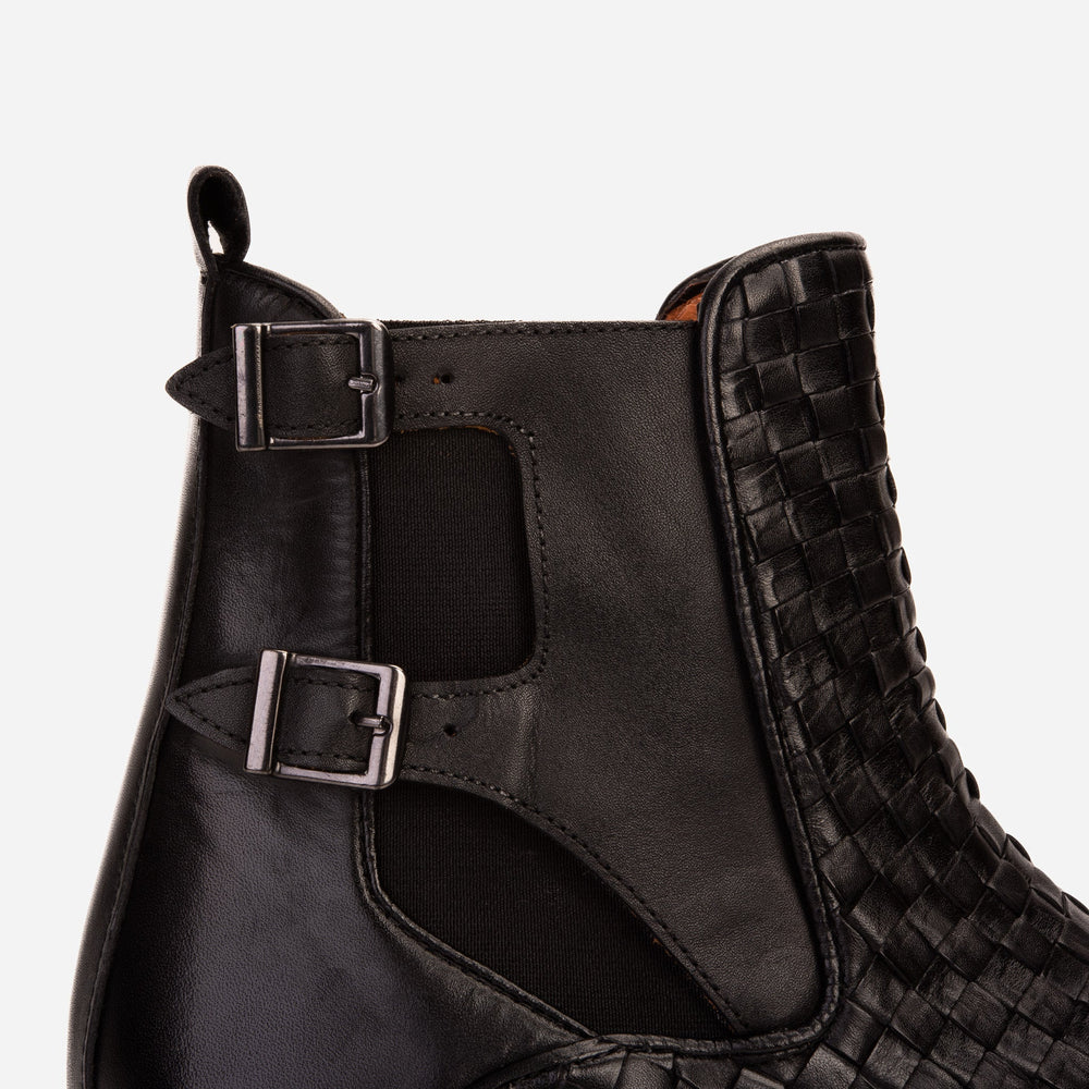 The Rolls Boot Woven Black Leather Double Monk Strap Handmade Shoe Universal Fit