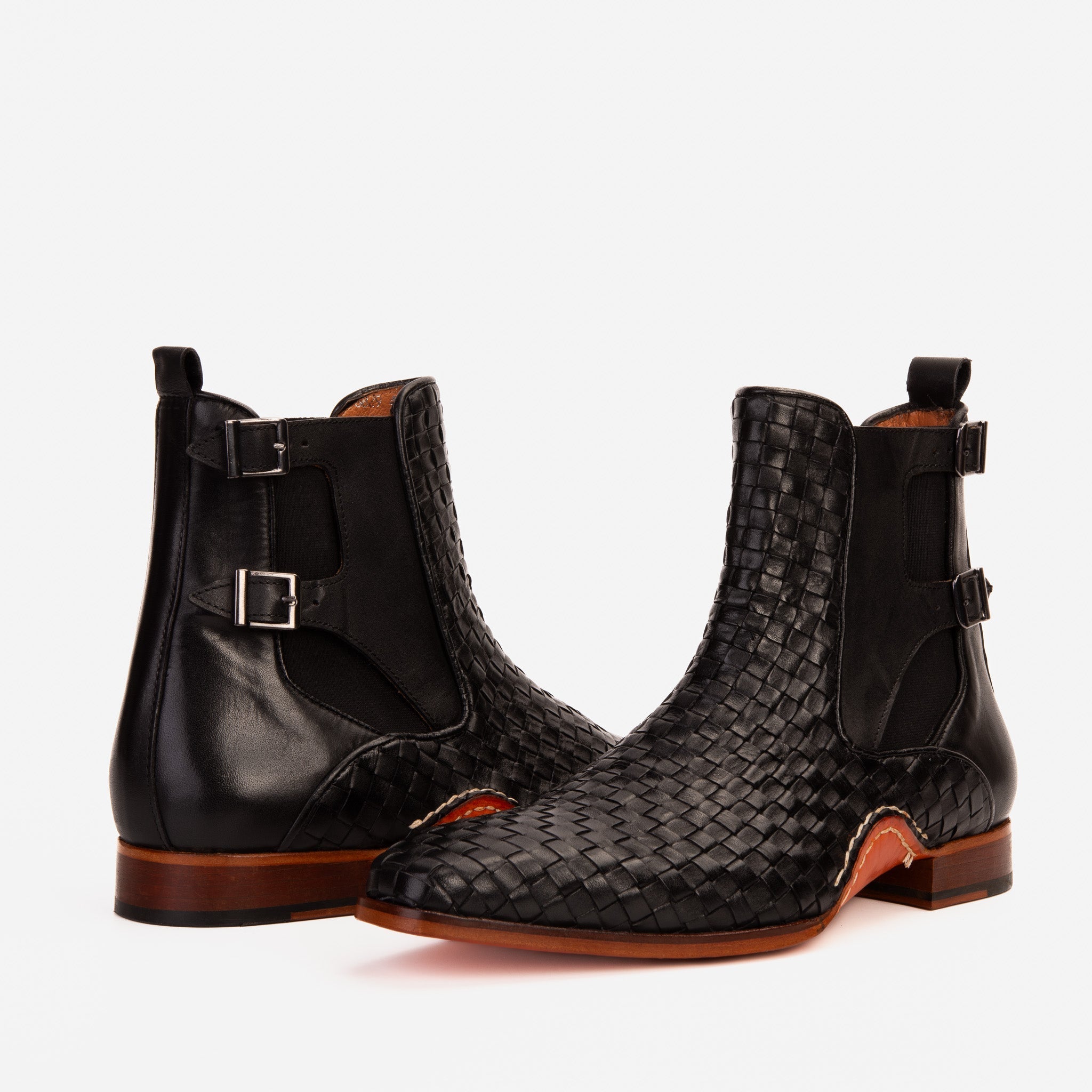 The Rolls Boot Woven Black Leather Double Monk Strap Handmade Shoe Universal Fit
