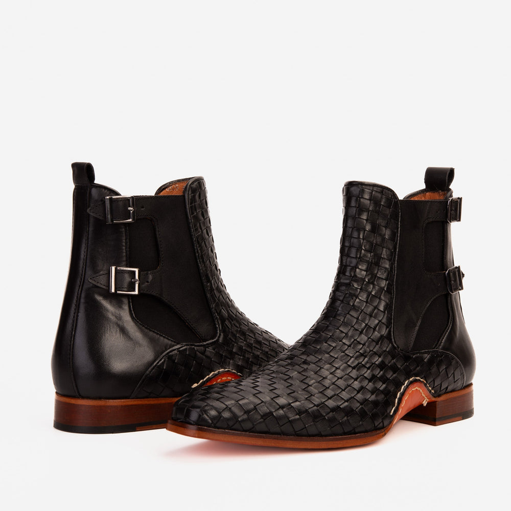 The Rolls Boot Woven Black Leather Double Monk Strap Handmade Shoe Universal Fit