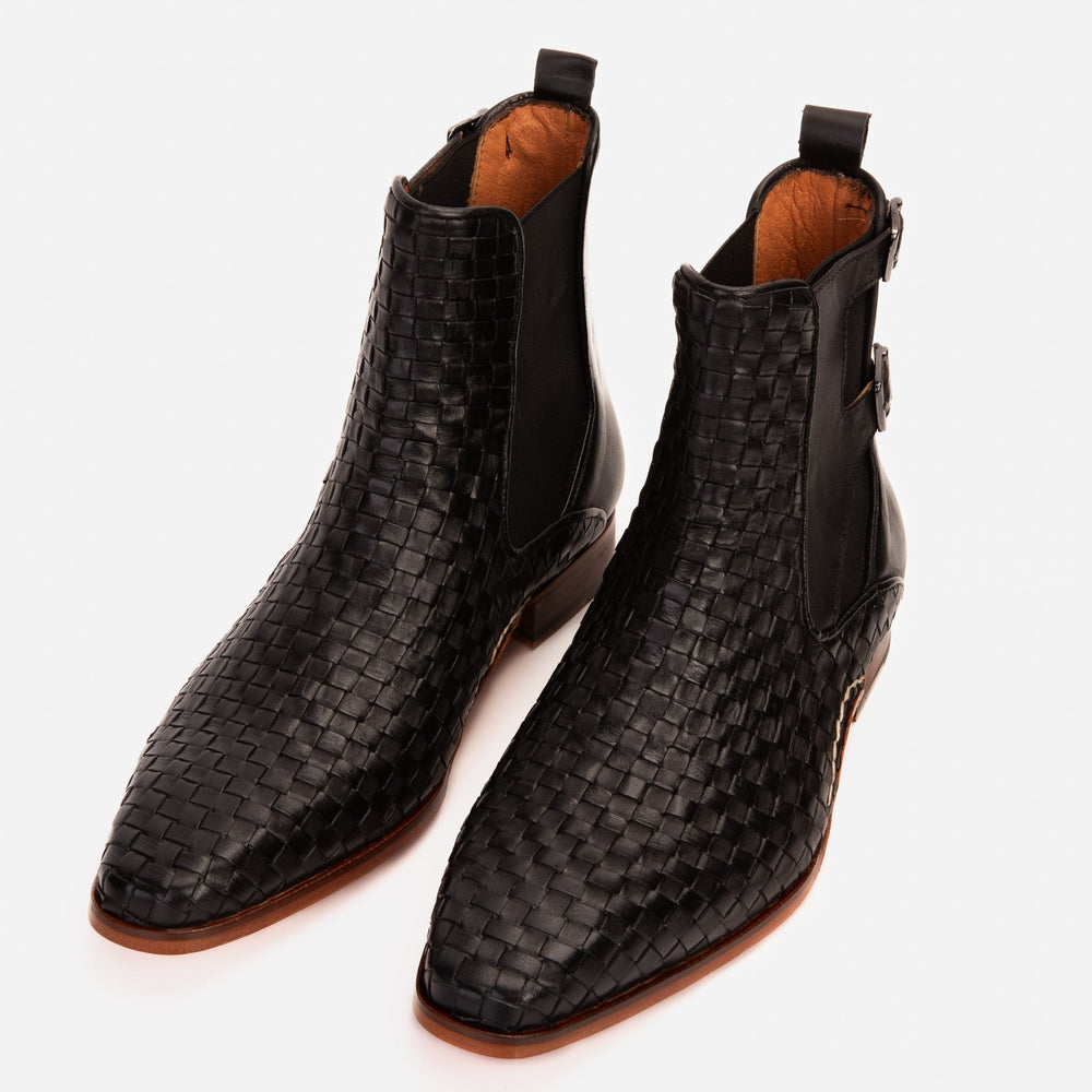 The Rolls Boot Woven Black Leather Double Monk Strap Handmade Shoe Universal Fit