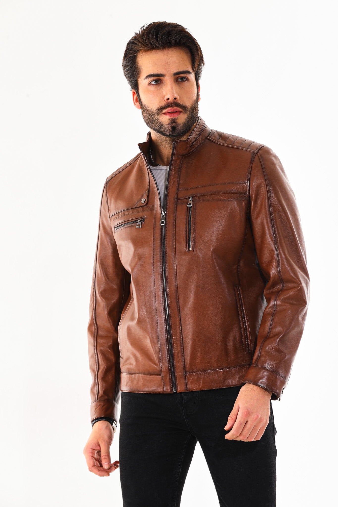 The Rossi Cognac Brown Leather Jacket All New