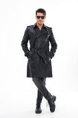 The Firenze Black Leather Leather Trench Coat Jacket On Sale