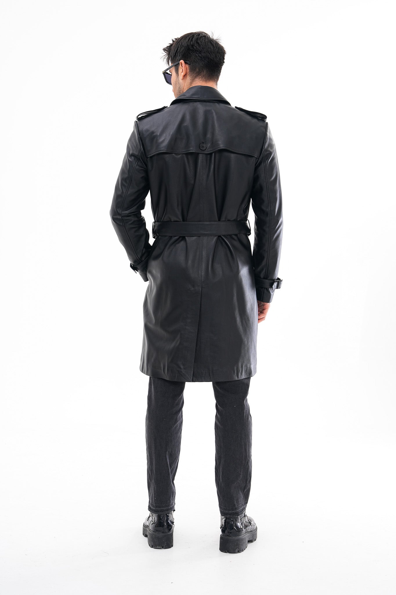 The Firenze Black Leather Leather Trench Coat Jacket On Sale