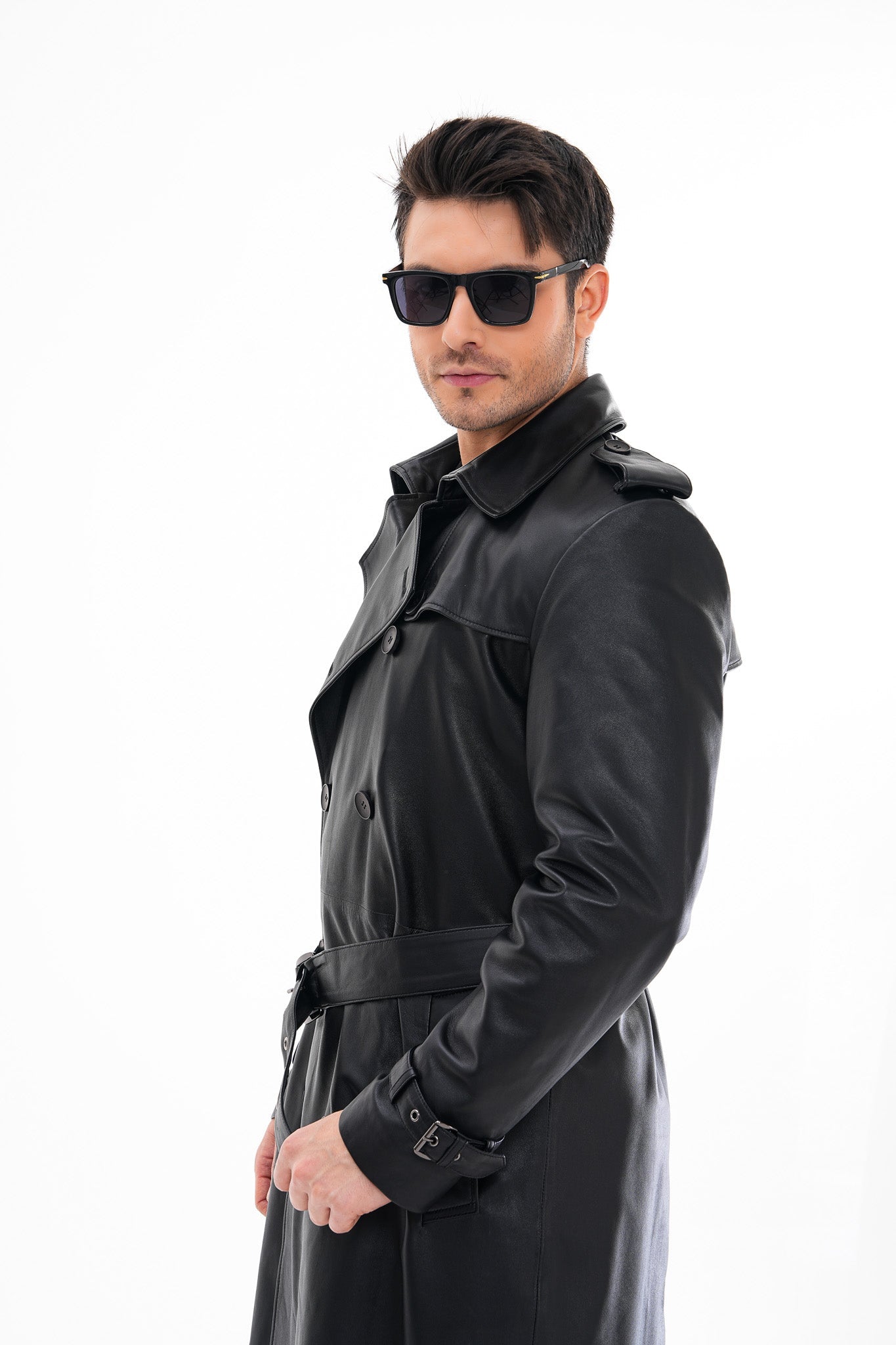 The Firenze Black Leather Leather Trench Coat Jacket On Sale