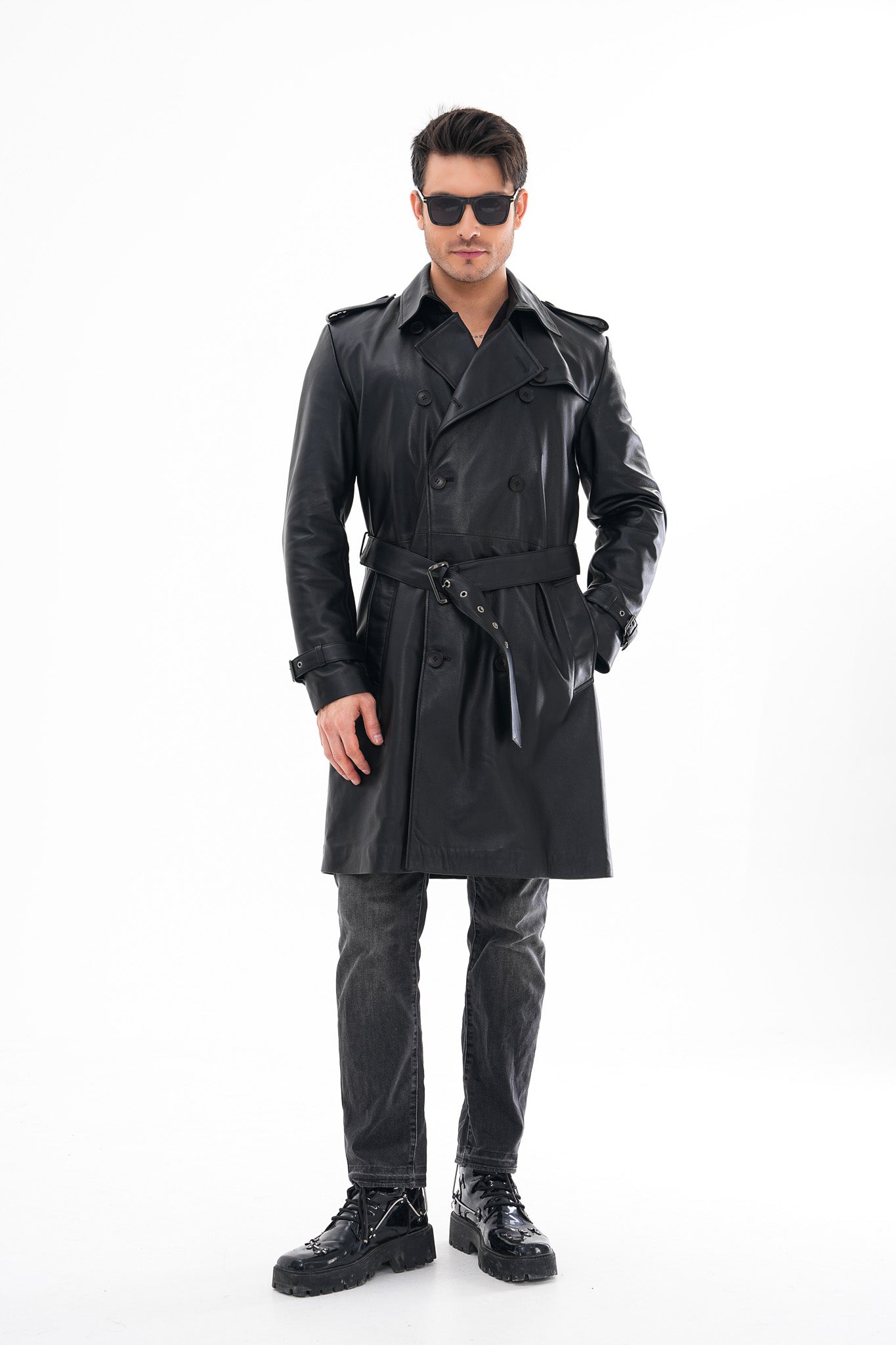 The Firenze Black Leather Leather Trench Coat Jacket On Sale