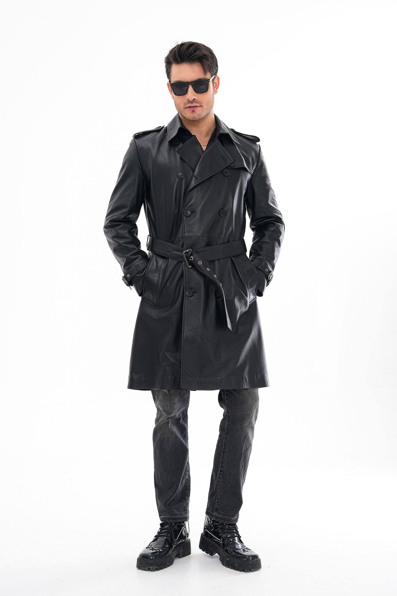 The Firenze Black Leather Leather Trench Coat Jacket On Sale