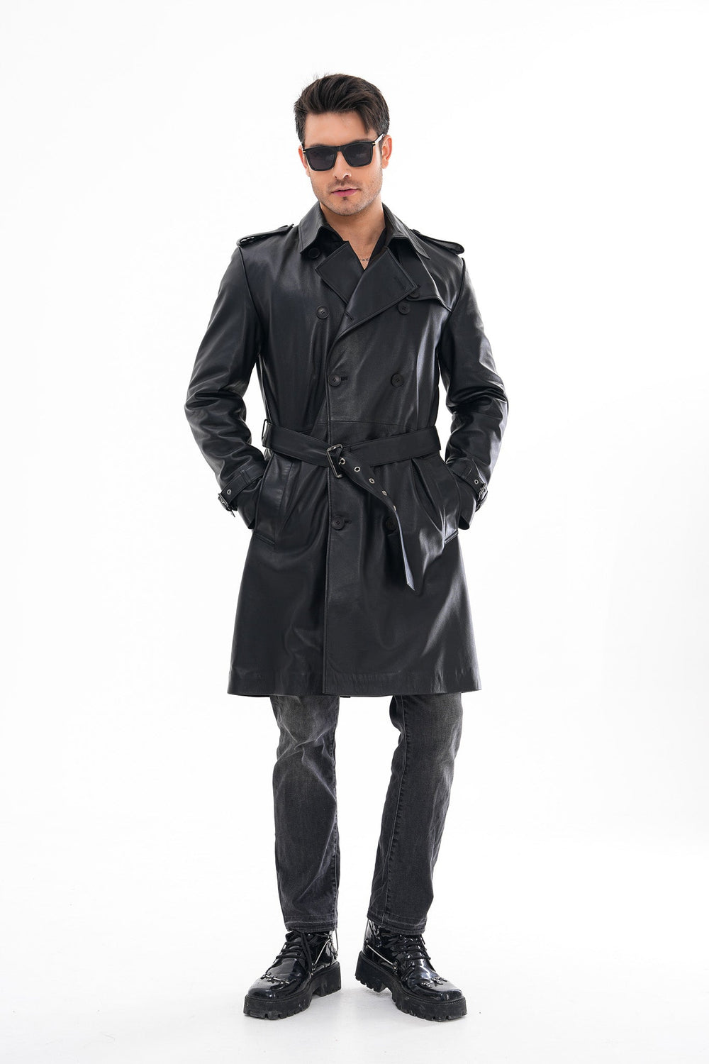 The Firenze Black Leather Leather Trench Coat Jacket On Sale