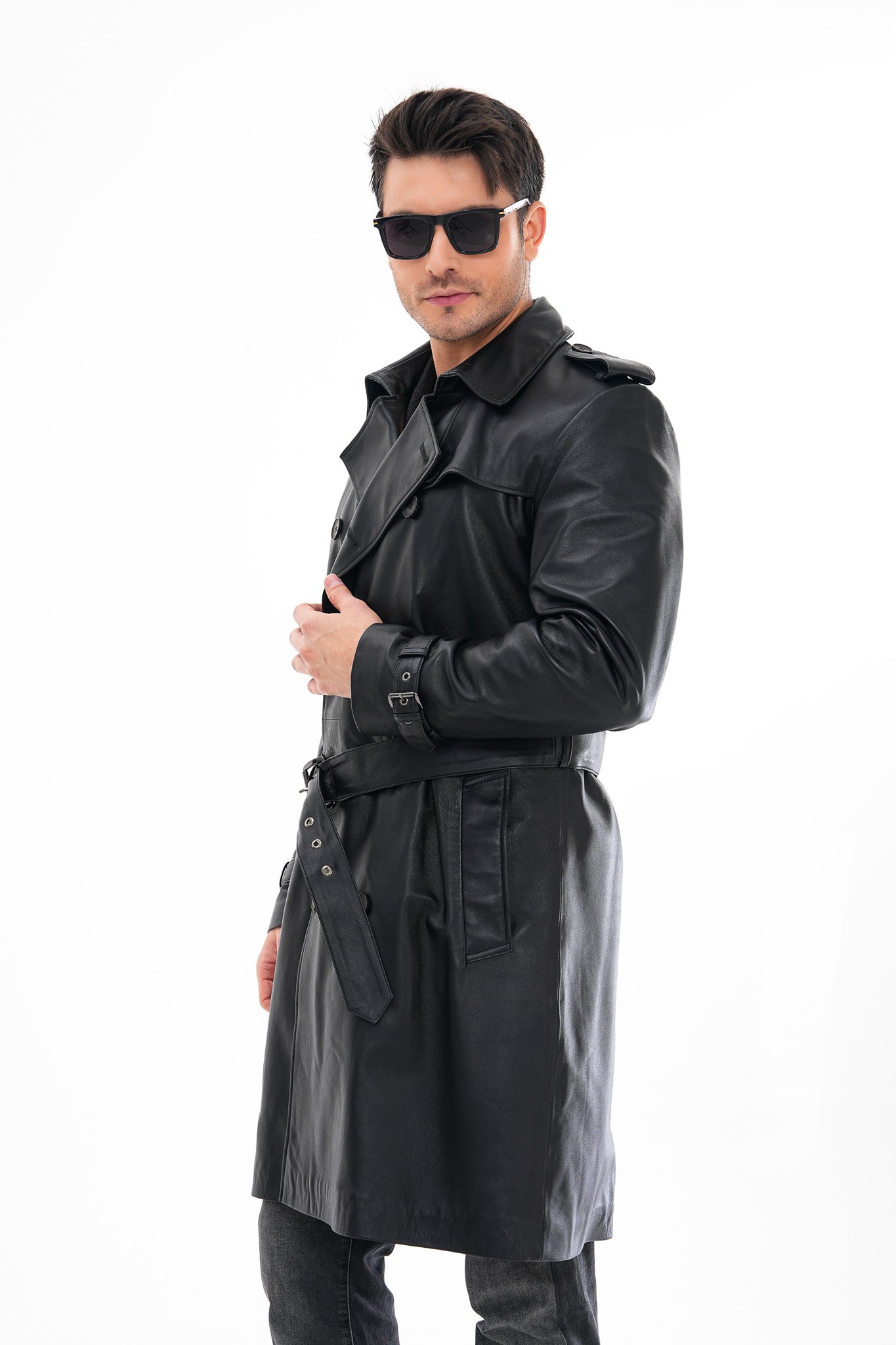 The Firenze Black Leather Leather Trench Coat Jacket On Sale