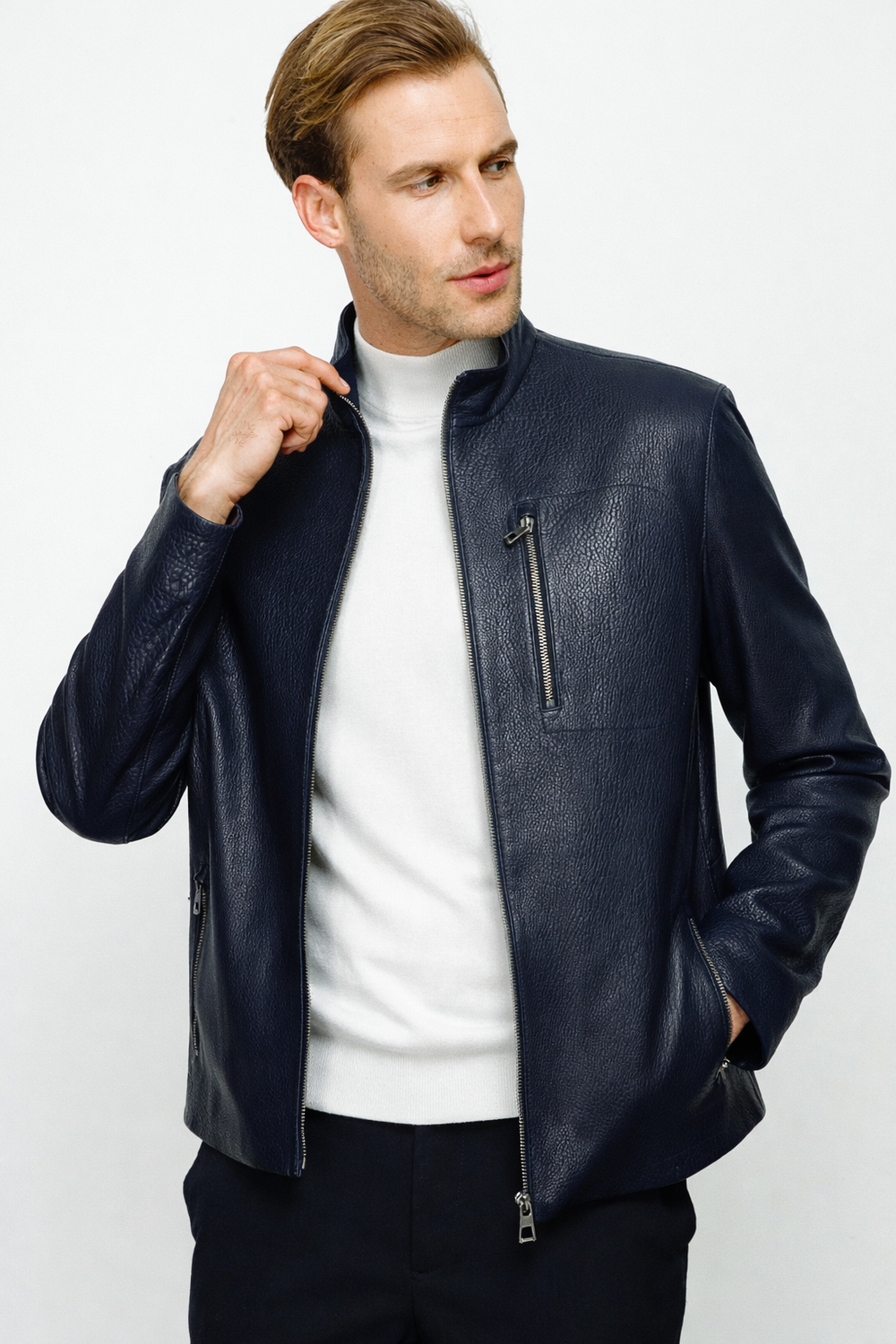 The Blanchard Navy Blue Leather Jacket Universal Fit
