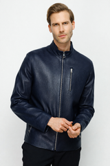 The Blanchard Navy Blue Leather Jacket Universal Fit