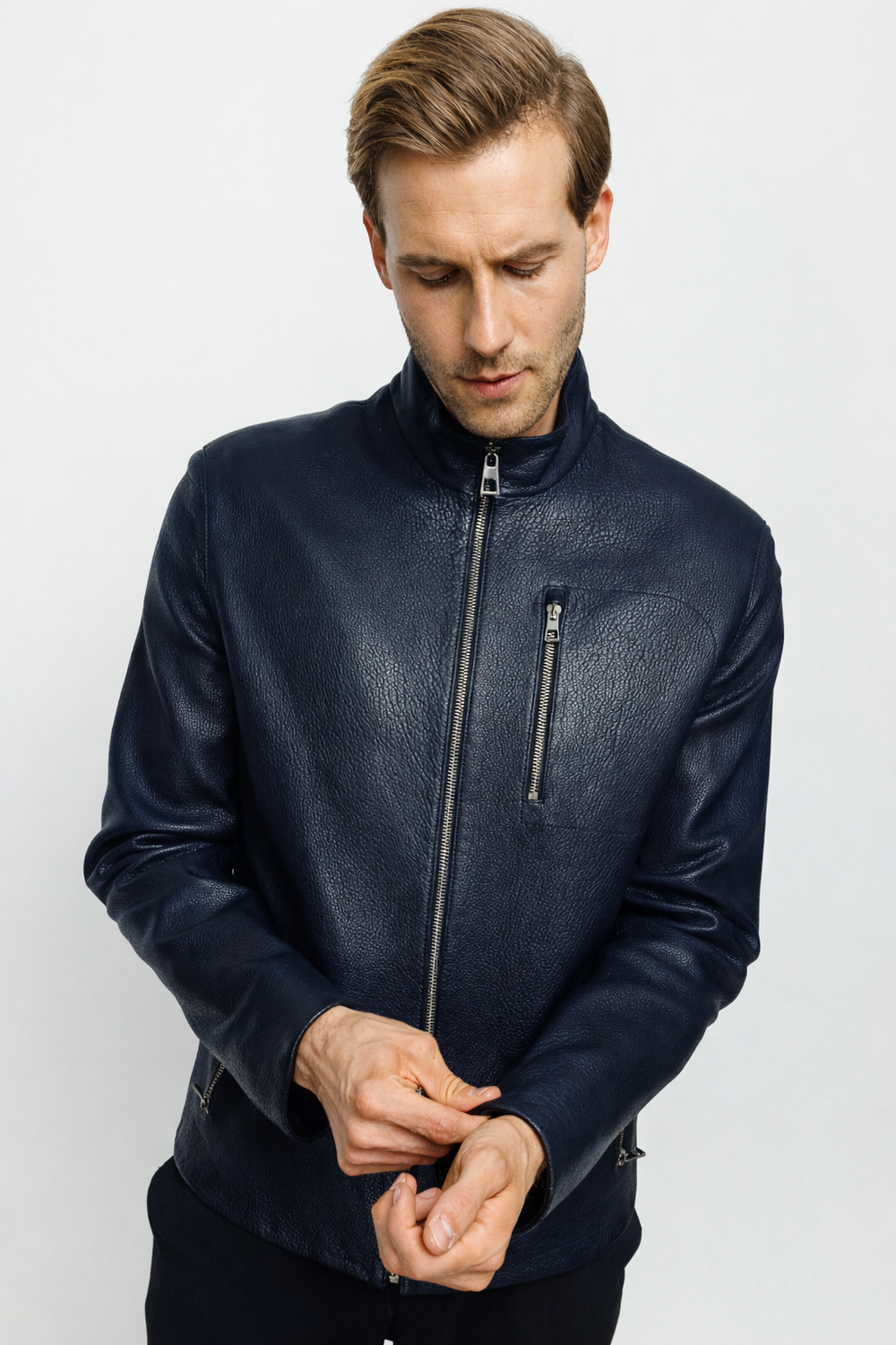 The Blanchard Navy Blue Leather Jacket Universal Fit