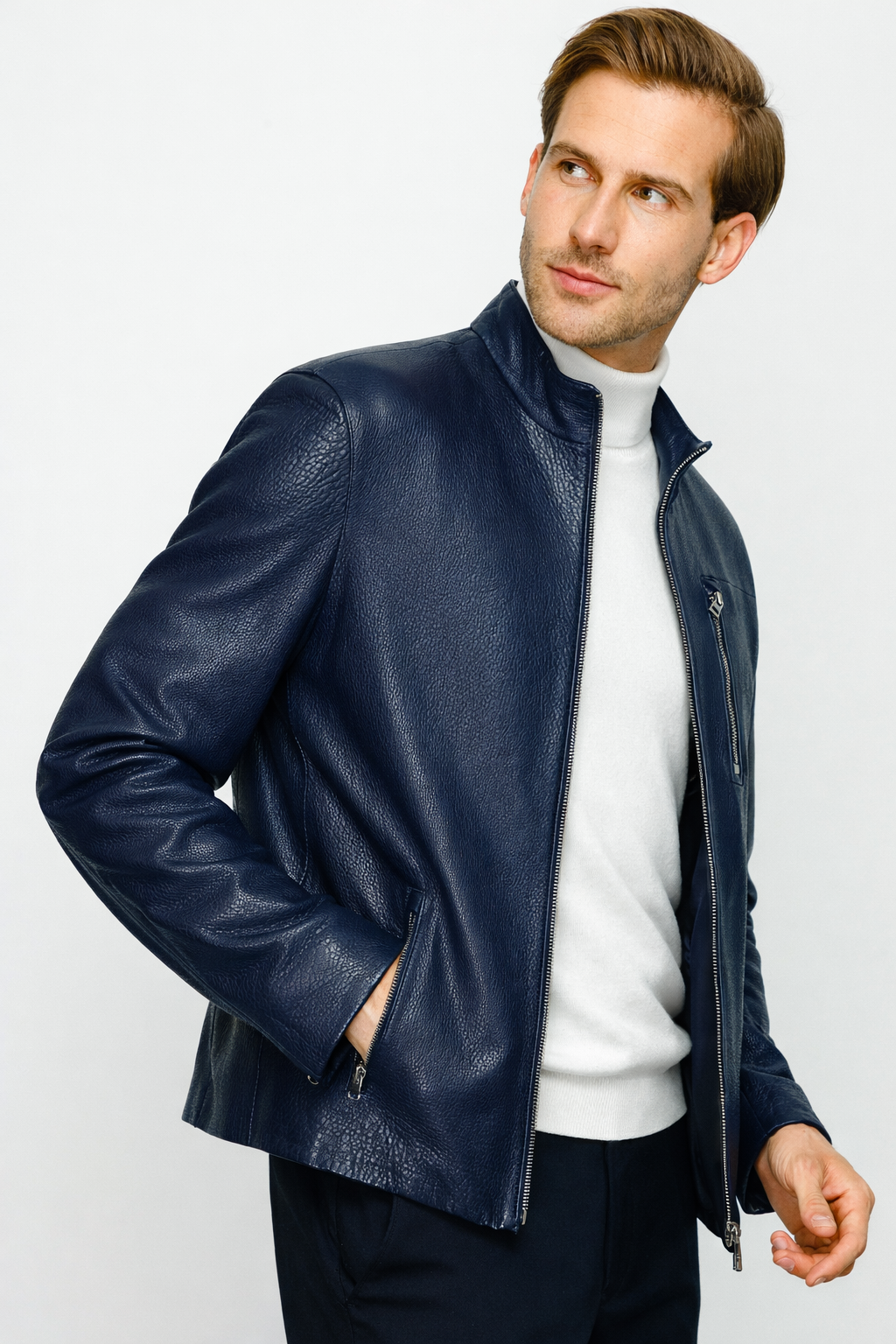 The Blanchard Navy Blue Leather Jacket Universal Fit