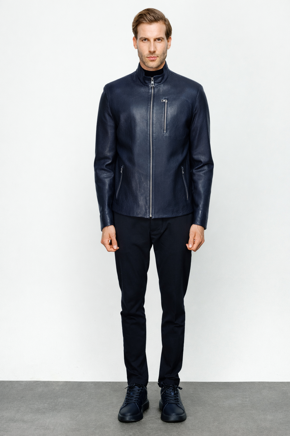 The Blanchard Navy Blue Leather Jacket Universal Fit