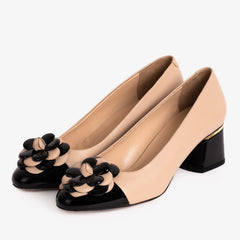 The Diva Beige Leather Cap Toe Block Heel Pump Shoe Fine Craftsmanship