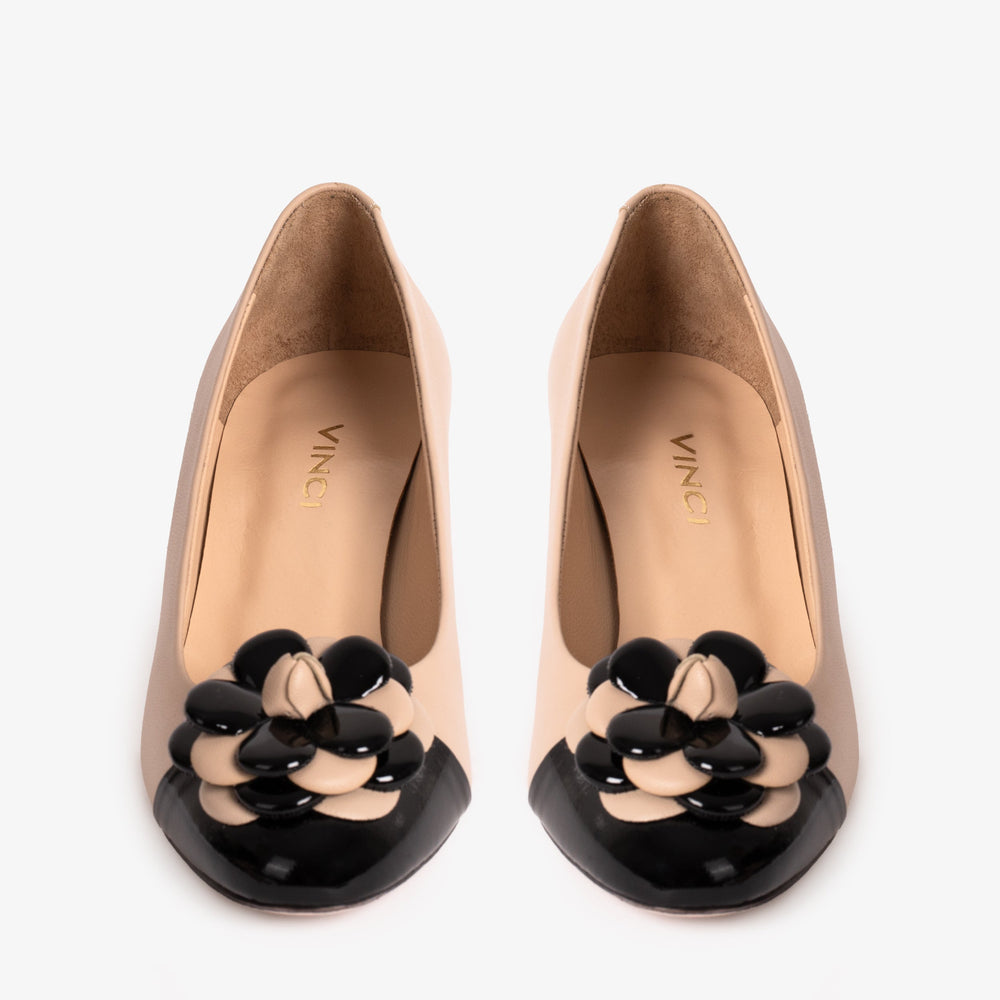 The Diva Beige Leather Cap Toe Block Heel Pump Shoe Fine Craftsmanship