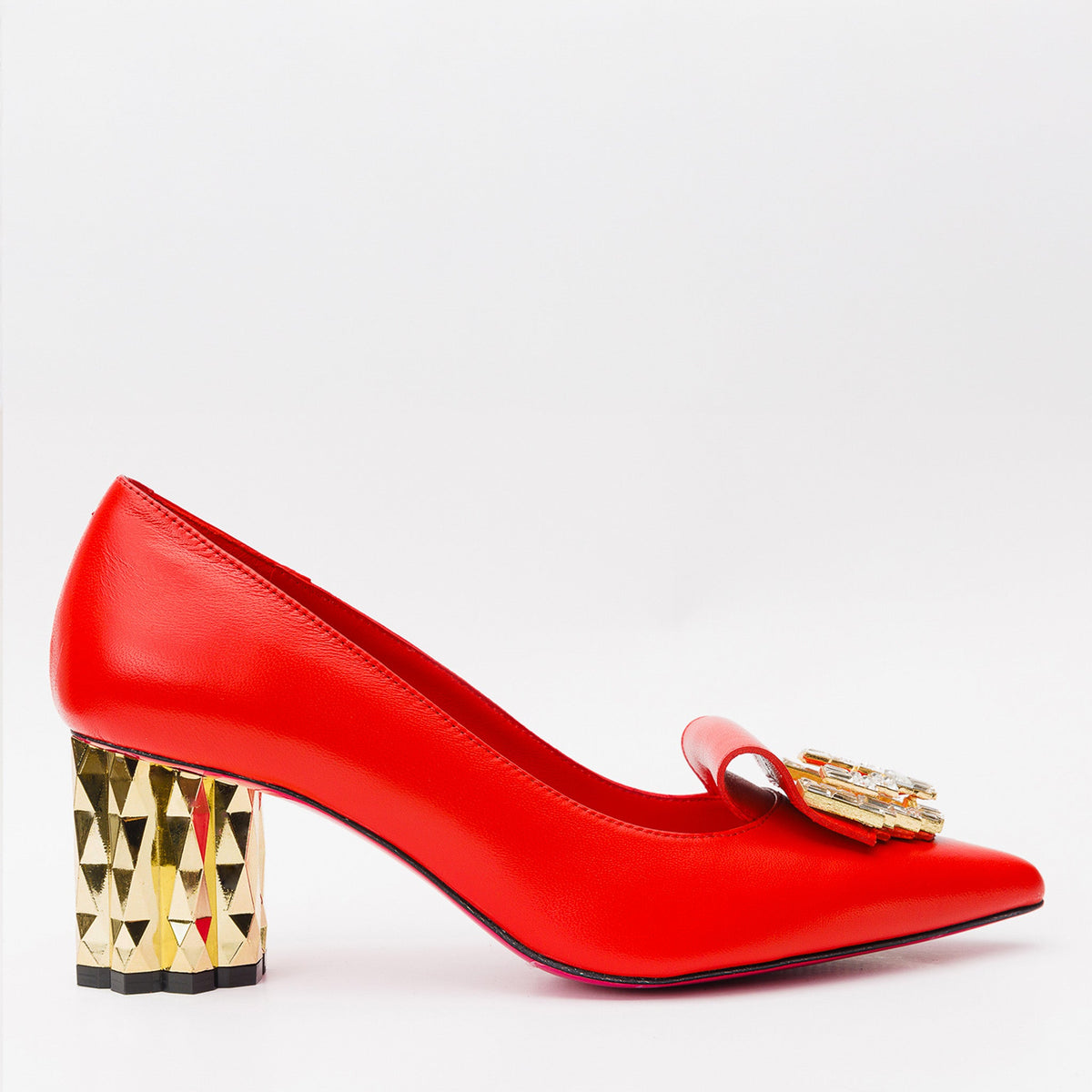 The Love Red Leather Block Heel Pump Shoe On Sale
