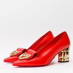 The Love Red Leather Block Heel Pump Shoe On Sale