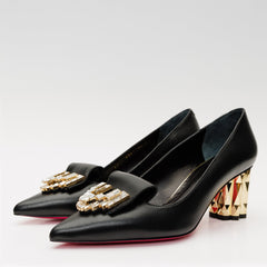 The Love Black Leather Block Heel Pump Shoe Universal Fit