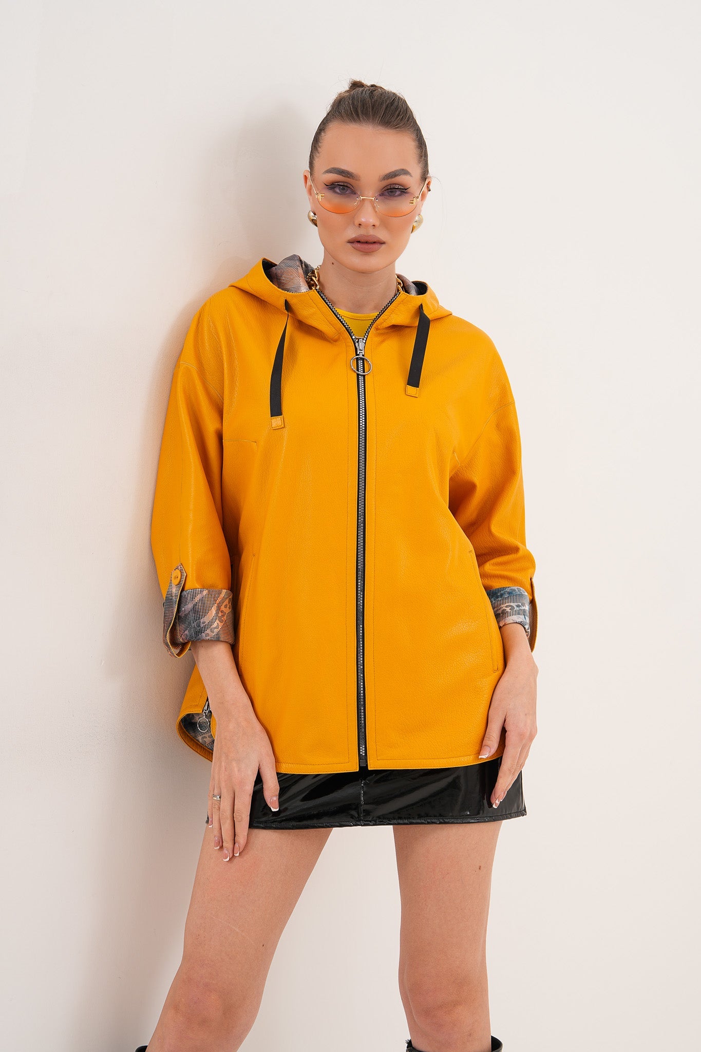 The Nyxara Reversible Hooded Mustard Yellow Leather Jacket All New