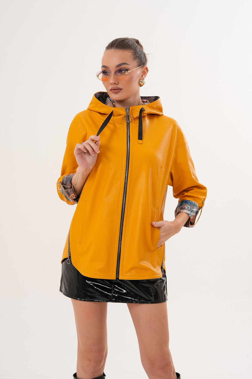 The Nyxara Reversible Hooded Mustard Yellow Leather Jacket All New