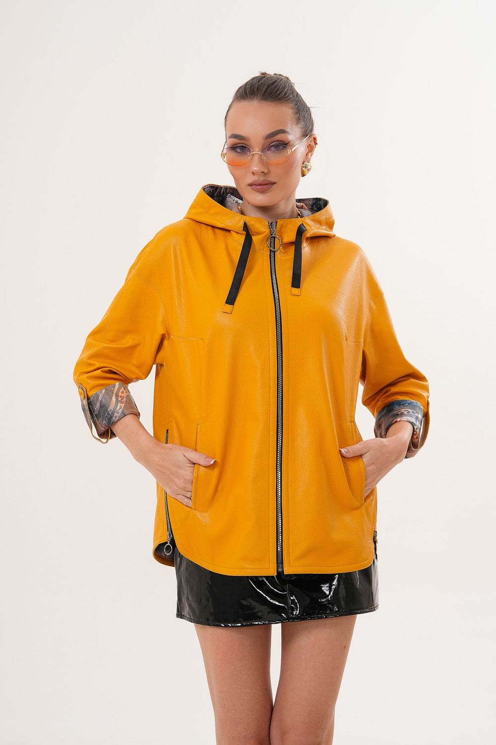 The Nyxara Reversible Hooded Mustard Yellow Leather Jacket All New