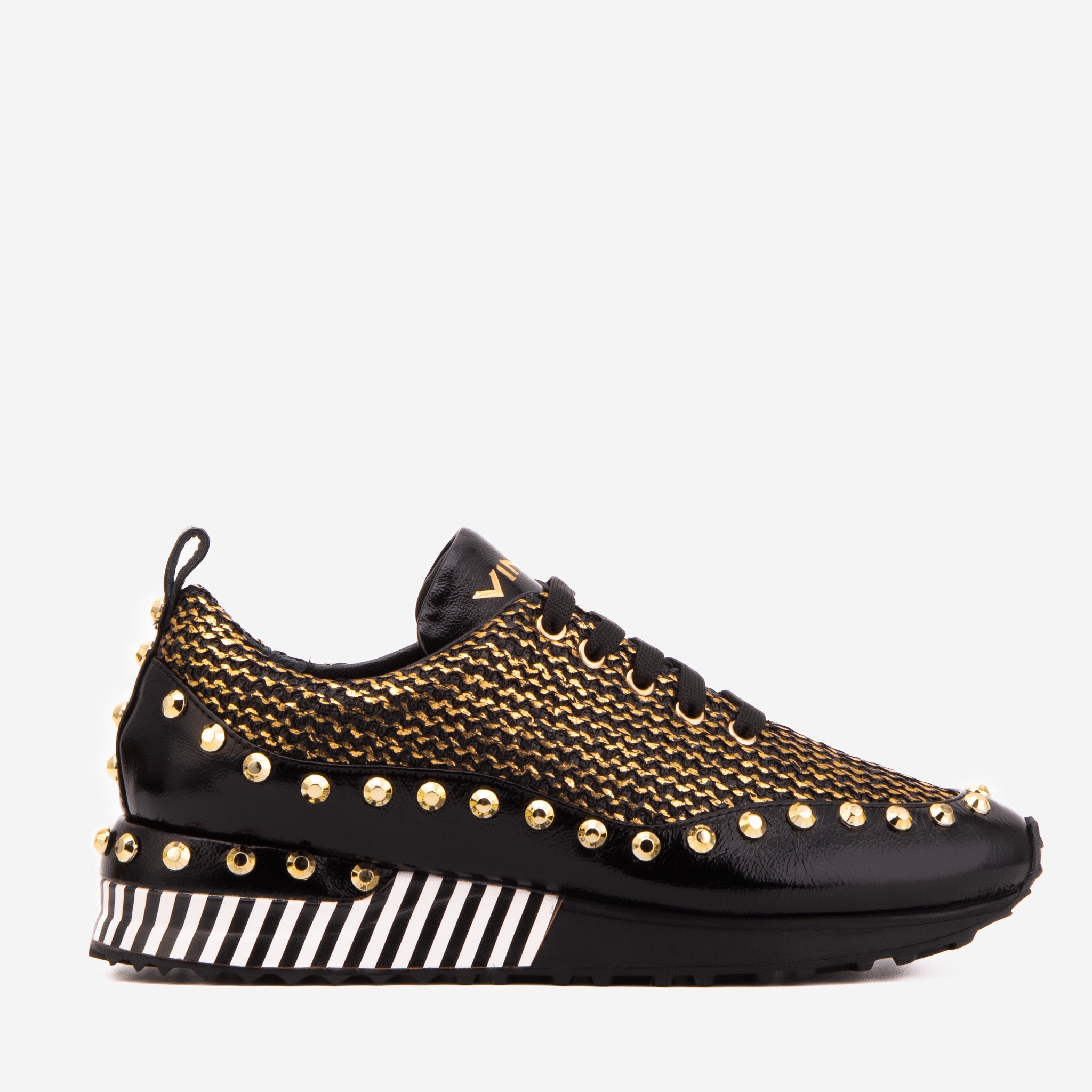 The Aurelia Black Gold Woven Leather Sneaker For Sale