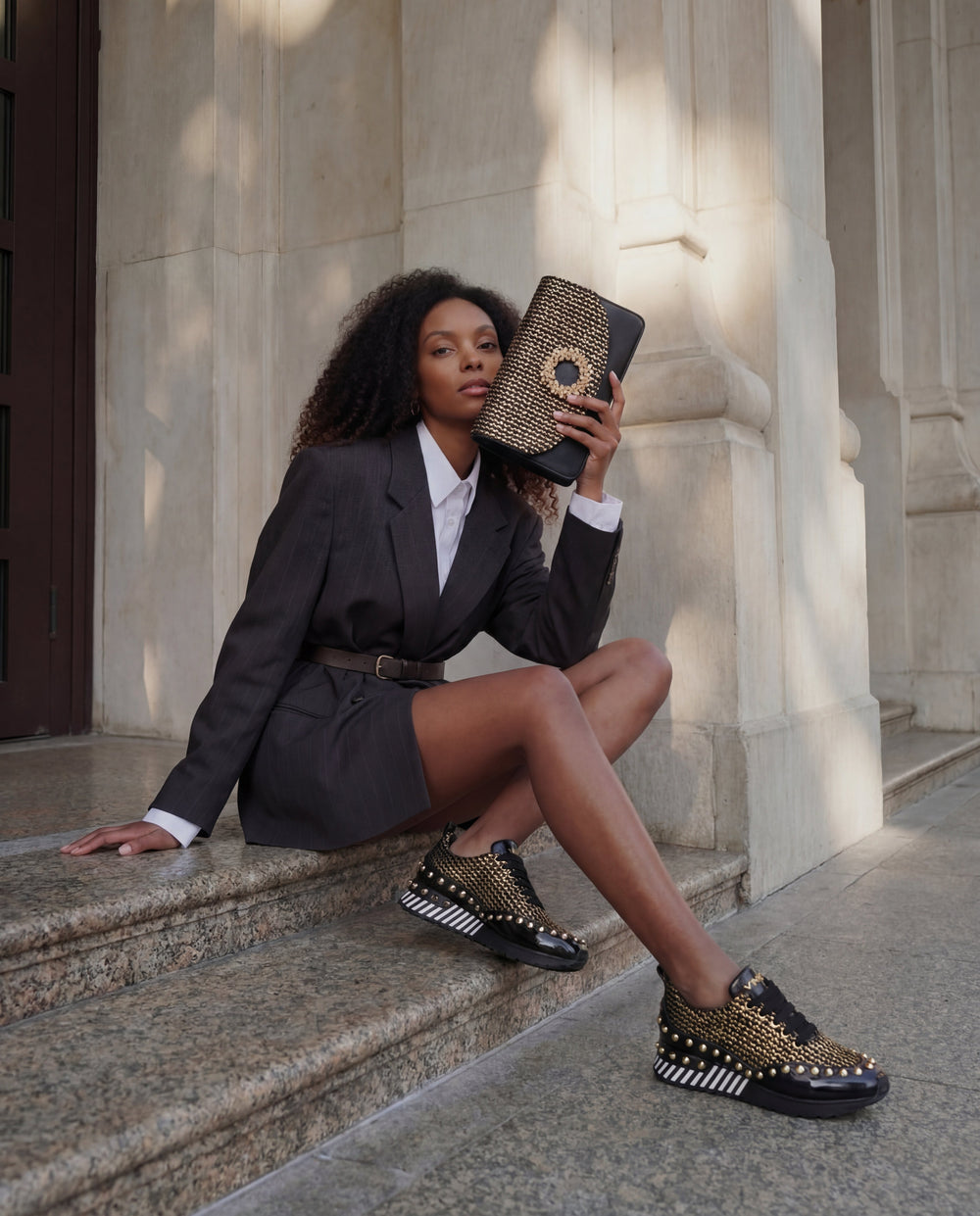 The Aurelia Black Gold Woven Leather Sneaker For Sale