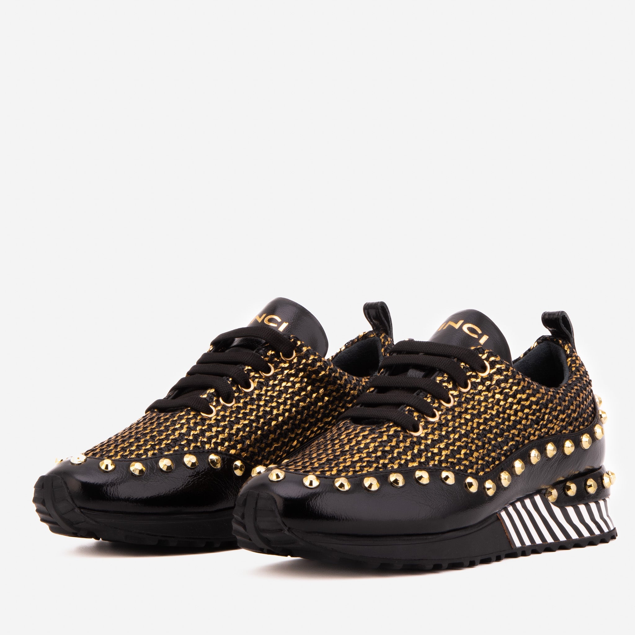 The Aurelia Black Gold Woven Leather Sneaker For Sale