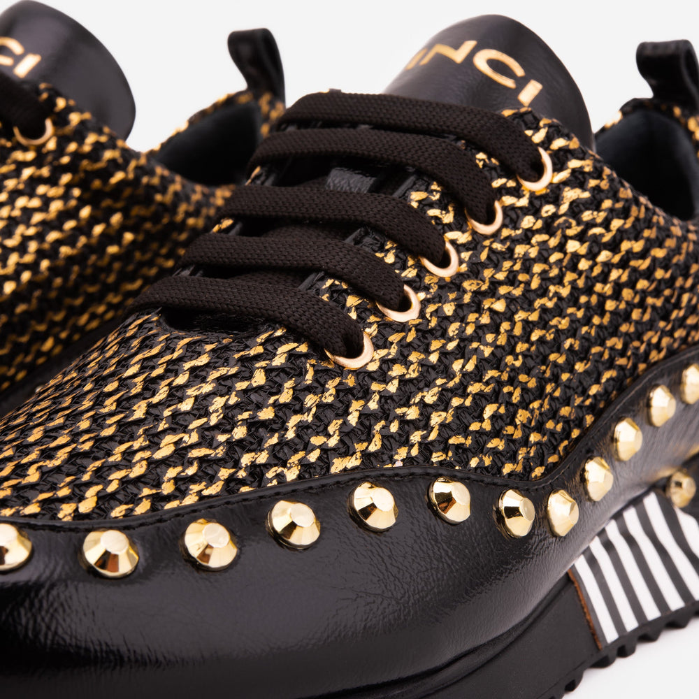The Aurelia Black Gold Woven Leather Sneaker For Sale