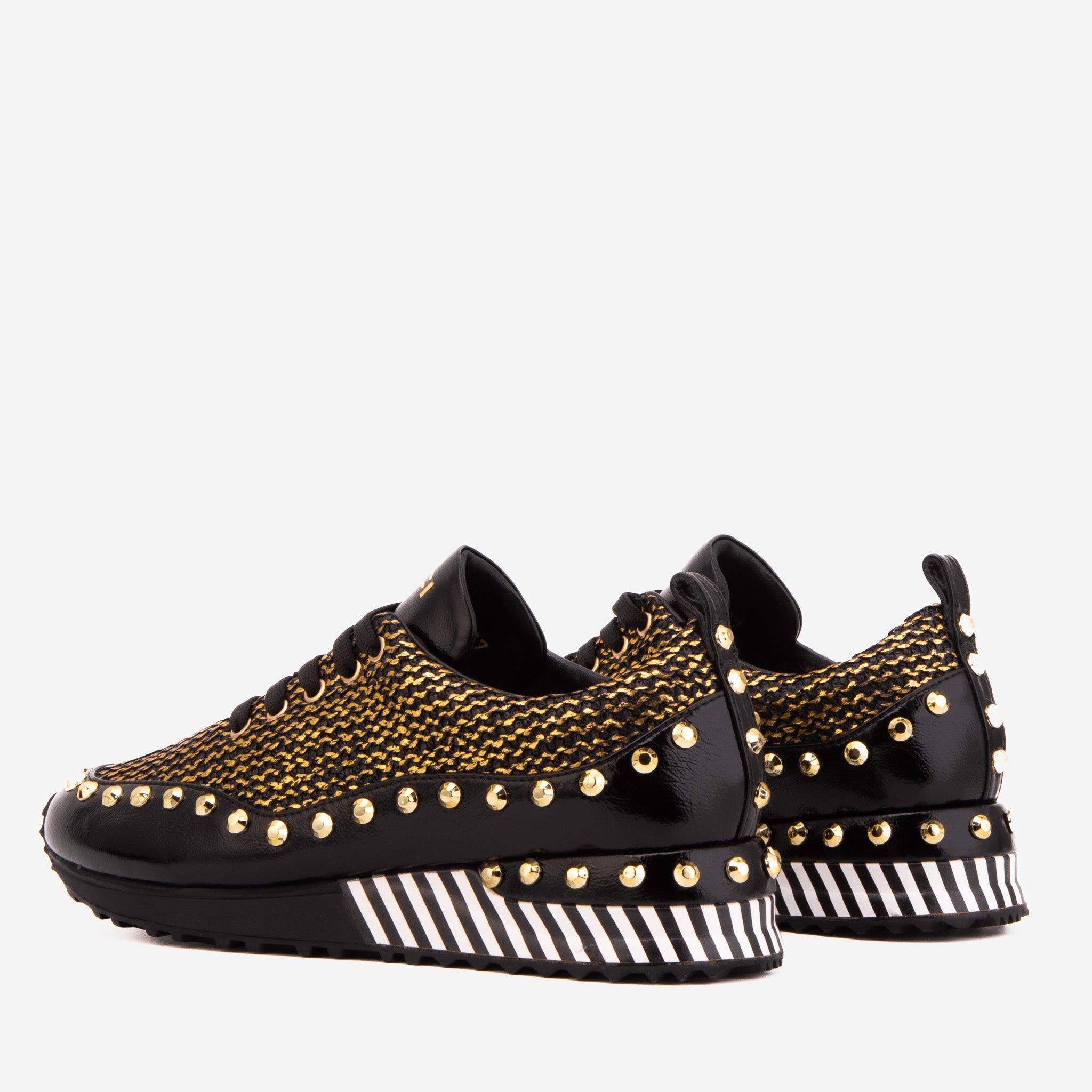 The Aurelia Black Gold Woven Leather Sneaker For Sale
