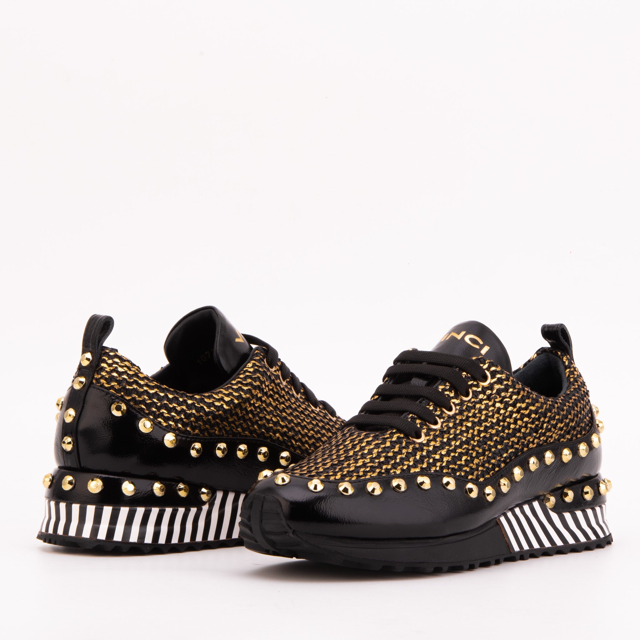 The Aurelia Black Gold Woven Leather Sneaker For Sale